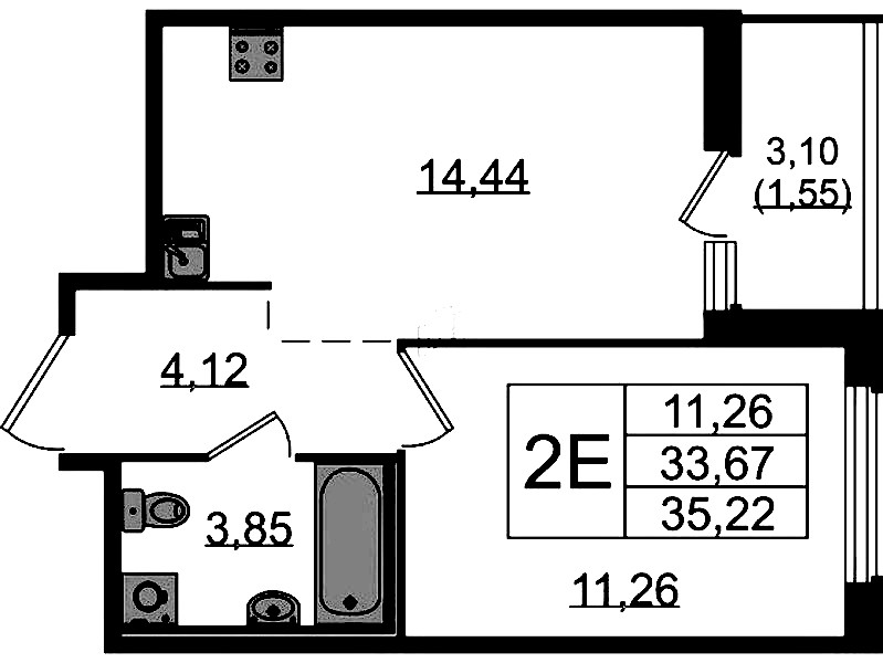 1-комнатная квартира 35.22 м², 12/15 эт., ЖК «GloraX Парголово»
